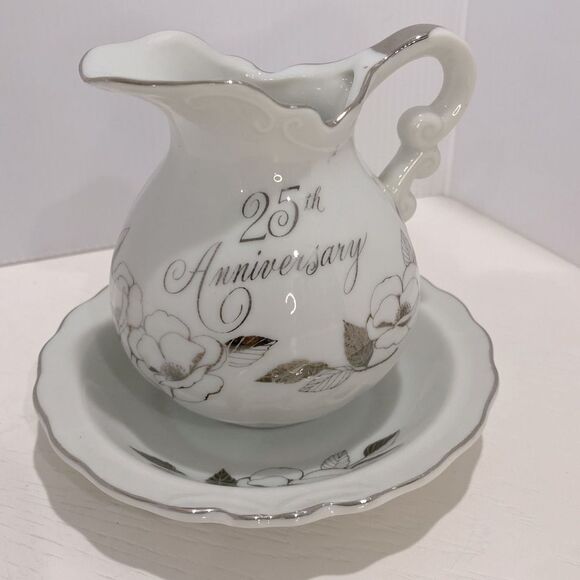 Georgian Fine China 25th Anniversary Miniature Pitcher & Bowl Silver Trim - Picture 3 of 12